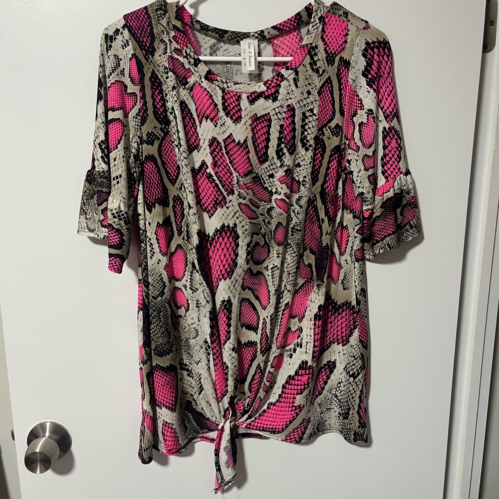Tie-Front Snake-Print Blouse in Hot Pink and Beige and Ruffled Short Bell Sleeve